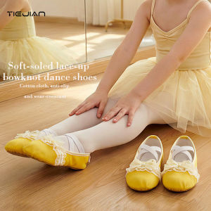 Dance Shoes Soft-Soled Ballet Training Shoes Yellow Childrens and Adults Cute Lace Bowknot Dancing Shoes