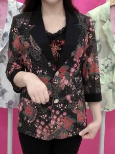 เสื้อแจ็คเก็ตสูทผู้หญิงสไตล์ย้อนยุคบางลายดอกไม้แฟชั่นลดอายุแขนยาวเจ็ดนิ้วเปิดหน้าเปิดเสื้อผ้าทำงานฤดูร้อนปี 2025