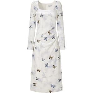 TAMMY TANGS | Elegant Velvet Long Sleeve Print Dress Womens Slimming High Waist Flowing Silken City Commute Work Date Party Velvet Dress