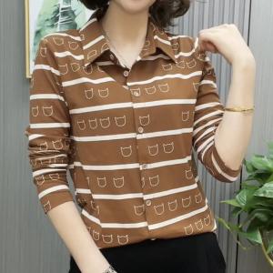 Áo Sơ Mi in Họa Tiết Rộng Rãi Dài Tay Cho Nữ Mùa Thu Phong Cách Mới Thời Trang Cỡ Lớn Che Bụng Áo Thun Cổ Polo Thường Ngày