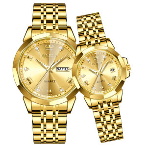 น้ำหอมนาฬิกาคู่รักของ OLEVS แสตนเลสเหล็กแร่ควอทซนาฬิกาข้อมือสีทองของแท้กันน้ำของขวัญวันครบรอบ