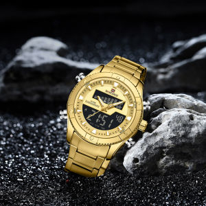 NAVIFORCE Original Mens Fashion Dual Time Watch LCD Digital Display Quartz Luminous Pointer Calendar Date Stainless Steel Strap Waterproof 30m Business Casual Multifunctional Mens Watch Gift NF9259