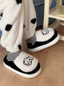 Cute Couple Black White Dog Cotton Slippers Men Women Home Warmth Winter Low Heel Cozy Indoor Shoes Cartoon Style Home Slippers