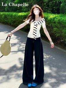 Deep Blue Wide Leg Womens Jeans High Waist Loose Drapey Straight Cut Floor-Length Casual Style Zipper Closure La Chapelle