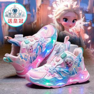 Fleece-lined Girl Sneaker 2024 Fall and Winter New Arrival Kids Two Cotton Childrens Shoes Elsa Princess Shoes Girl Luminous Shoes