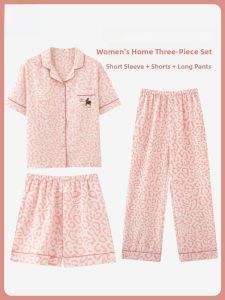 Miiow | Cat Lady Summer Sleepwear Set Womens Thin Short Sleeve Home Clothes Cool Feeling Casual Long Pants Leopard Pattern