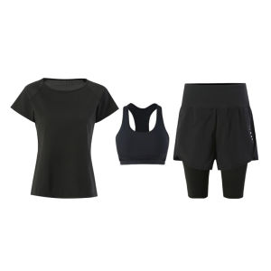 Womens Running Yoga Fitness Clothes Short Sleeve Slimming Quick Dry Large Size Pockets Sports Top And Bottoms Set