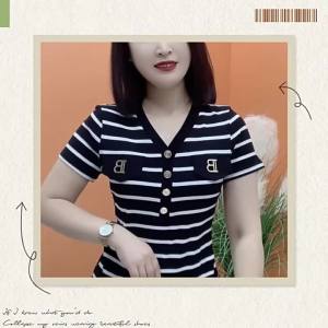 HUAXUNRAN | Áo Thun Sọc V-neck Tay Ngắn Rộng Rãi Giảm Cân Trẻ Hóa