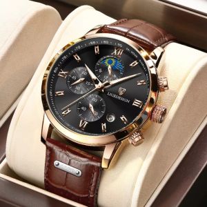 LIGE นาฬิกา ผู้ชาย แฟชั่น สายหนัง กันน้ํา โครโนกราฟ สุกใส ด้านบน ยี่ห้อ ลำลอง กีฬา ควอตซ์ นาฬิกาผู้ชาย เท่ๆ+ กล่อง