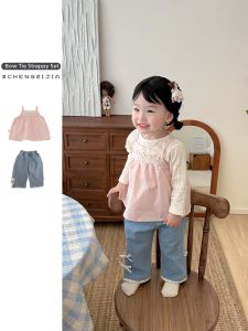 Lace Trimmed Halter Top and Denim Pants Set for Toddler Girl