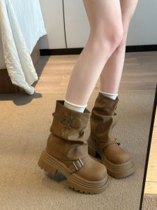 British Style Martin Boots Womens Thick Bottom Retro Brown Pants Tube Boots Short Fashion Boots round Toe mid Heel Rubber Sole