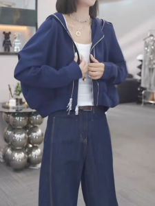 Áo Nỉ Có Khóa Kéo Hai Hàng Ngắn Cho Nữ Dáng Rộng Thoải Mái Mùa Thu Cỡ Lớn Áo Khoác Ngoài Có Mũ Trùm Đầu