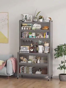 LOADNIX Kitchen Storage Cabinet Sideboard Cupboard Microwave Stand Cabon Steel Organizer With Pegboard Organizer And Wheels Mini bar counter