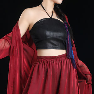 Elegant Red And Black Classical Dance Costume with Shawl Jazz Dancewear Whole Set Traditional Performance Fitness Outfit