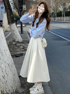 Elegant High Waist White Midi Skirt Womens Early Autumn New Style Small Size Slim A-Line Skirt Sweet Japanese Style