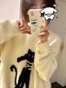 Soft Glutinous Korean Series Idle Style Knitted Mink Velvet Sweater Women Autumn and Winter Loose Outer Wear Mid-Length Plush Cartoon Top