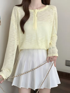 Shalldoer | เสื้อยืดแขนยาวสีเหลืองสำหรับผู้หญิงในช่วงฤดูร้อนปี 2025 เสื้อคลุมกันแดดบางระบายอากาศได้ดี เสื้อคลุมกันแดดแบบสวมหัว