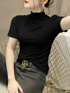 เสื้อยืดคอกลมแขนสั้นทรงสลิมฟิตสำหรับผู้หญิง เสื้อเชิ้ตคอปกสูงครึ่งตัว สีดำ แฟชั่น เสื้อกั๊ก แขนสั้น ฤดูใบไม้ร่วง 2022