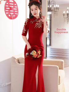 Elegant Red Wedding Qipao Dress Fish Tail Style Bride Dress Long Skirt for Engagement Party Wedding Celebration Polyester Fabric