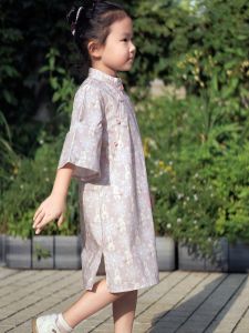 Miss Mao Cheongsam Spring Autumn Childrens Dress Purple Rabbit Pattern Traditional Chinese Style Comfortable Reformed Girls Clothing