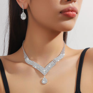 3PC Fashion Copper Inlaid Rhinestone Claw Chain Water Drop Necklace Earrings Jewelry Set Womens Wedding Party Accessories-8307