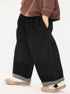 Casual Plaid Patchwork Jeans for Boys Spring Autumn Wear Childrens Long Pants Middle Size Kids Checkered Splicing Leisure Trousers