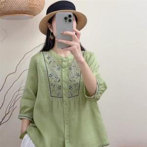 Lieoyuarn | Elegant Embroidery Single Button Slimming Cotton Linen Shirt 5/8 Sleeve
