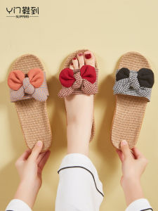 2022 K-style Houndstooth Bows Linen Slippers Womens Summer Outwear Sweat-Absorbent Non-Slip Silent Indoor Home Shoes