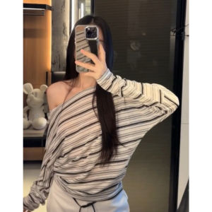 YUEZHONGWEI | Asymmetrical Shoulder Long Sleeve T-Shirt Womens Summer Thin Outerwear Shoulder Bared Air Conditioning Cover Up Top Striped