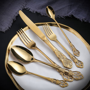 Gold European Style Carving Fork And Spoon Set with Relief Carving Hotel Steak Knife And Spoon Cross-border Western Dining Utensils