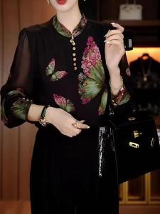 กางเกงลายจุดหลวมๆ สไตล์ใหม่สำหรับคุณแม่ในฤดูร้อน กางเกงขายาวทรงตรงเอวสูงสำหรับผู้หญิงวัยกลางคนและผู้สูงอายุ