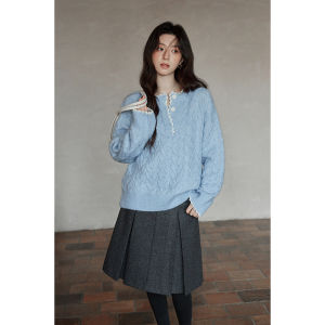 seemon | Áo Sweater Henley Xanh Dệt Kim Kiểu Hàn Quốc Vintage Phong Cách Petite Rộng Rãi
