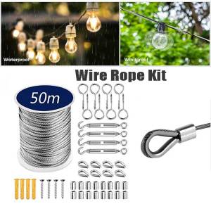 50M Wire Rope Kit Turnbuckle Wire Tensioner Kit Stainless Steel Clothesline