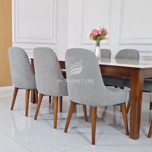 set meja makan kaki kayu top marmer putih carrara dan kursi 8pc