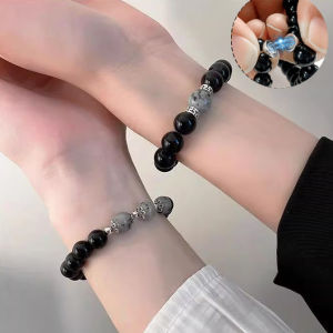 =Ins Minimalist Obsidian Couple Bracelet Fashionable Charming Black Bead Couple Wrist Chain Romantic Jewelry for Valentines Day Gift