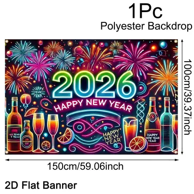 2026 Happy New Year Backdrop Banner Fireworks Champagne New Year Celebrations Christmas Party Photo Background Decoration Banner