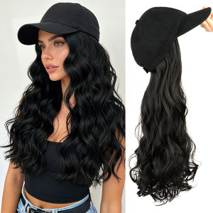 หมวกวิกผมสังเคราะห์สำหรับผู้หญิง สีดำ ผมยาวหยิก หมวกเบสบอลแฟชั่น หมวกวิกผมแบบปรับได้