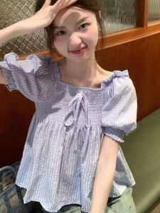 French Textured Folded Shirt Womens Summer New Loose Slimming Two-Way Square Collar Bubble Sleeve Doll Shirt Polyester Fiber