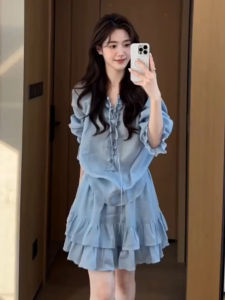 Karrar betsey | Blue Ruffle Trimmed Shirt and Skirt Set Summer Holiday Style