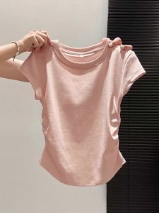 Round Neck Straight Shoulder Short Sleeve Slimming Ruched T-shirt