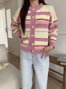 Mantel Sweter Lengan Panjang Kardigan Bergaris Biru Gaya Korea Sweter Rajut Longgar Wanita Knitwear Cardigan