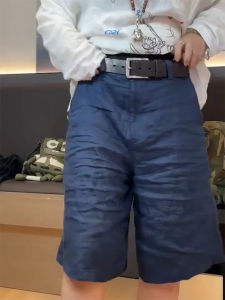 Deep Blue Linen Loose Womens Shorts 2025 Autumn New Large Size Pear Shape Slim A-Line Wide Leg Hot Pants High Waist Straight Leg