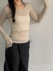 Polka Dot Long Sleeve T-Shirt Women's Early Spring and Autumn 2024 New Arrival Unique Thin Shoulder Big Neckline Inner Bottoming Shirt Tops