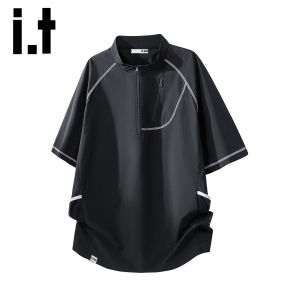 izzue | American Deconstructed Half-Zip Short Sleeve Loose Mens Shirt Thin