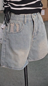 กางเกงยีนส์ขาสั้นทรงเอวสูงแฟชั่นวินเทจ ปักกระเป๋าหลัง ใส่แล้วขาเรียว