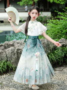 New Chinese Style Summer Wind Girls Set Ancient Fashion Hanfu Little Girl Tang Costume Horse Tail Skirt Childrens Clothing