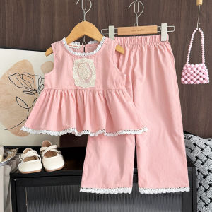 Menoea ชุดเด็กผู้หญิง3-7ปีคอกลมแขนกุดเสื้อท่อนบนลายลูกไม้ลูกไม้ + กางเกงชุดสองชิ้นใส่สบายทุกวันสำหรับฤดูร้อน