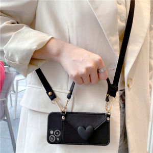 เคสโทรศัพท์รูปหัวใจสีดำแบบสะพายข้างพร้อมกระเป๋าใส่เหรียญสำหรับ Apple iPhone 16 pro Max 17 pro Max 13 Mini 12 Mini