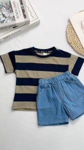 Baju kaos setelan anak laki laki katun import Kualitas Tinggi fashion bayi Garis-garis Lengan pendek Set dua potong Musim panas