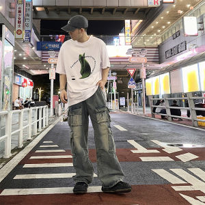 กางเกงยีนส์ทรงหลวมสไตล์อเมริกันย้อนยุคสำหรับผู้ชาย กางเกงขายาวทรงตรงหลายกระเป๋า กางเกงยีนส์ทรงหลวมสำหรับใส่ไปทำงานในฤดูใบไม้ร่วง